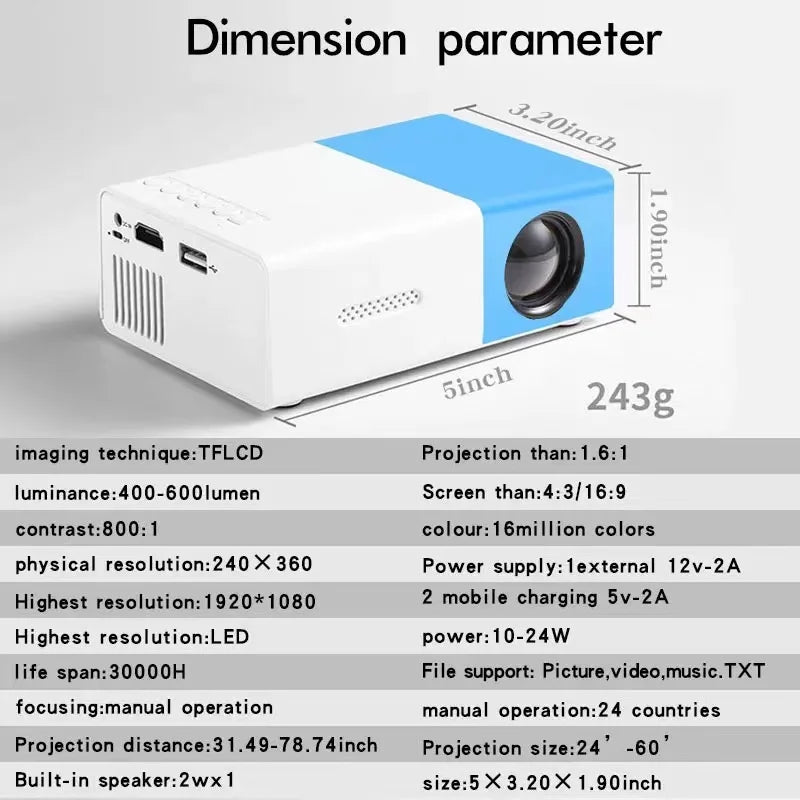 Emiuzek YG300 mini portable projector plug-in phone, LED home theater, suitable for outdoor, home entertainment