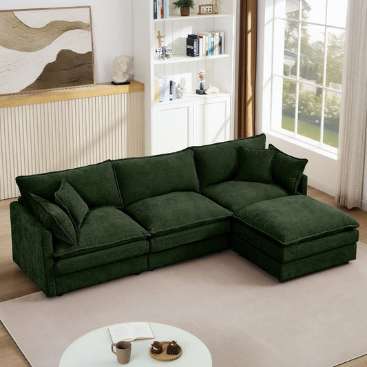 Modular Sectional Sofa 3 Seater L-Shaped Couch Set With Movable Ottoman - Green
