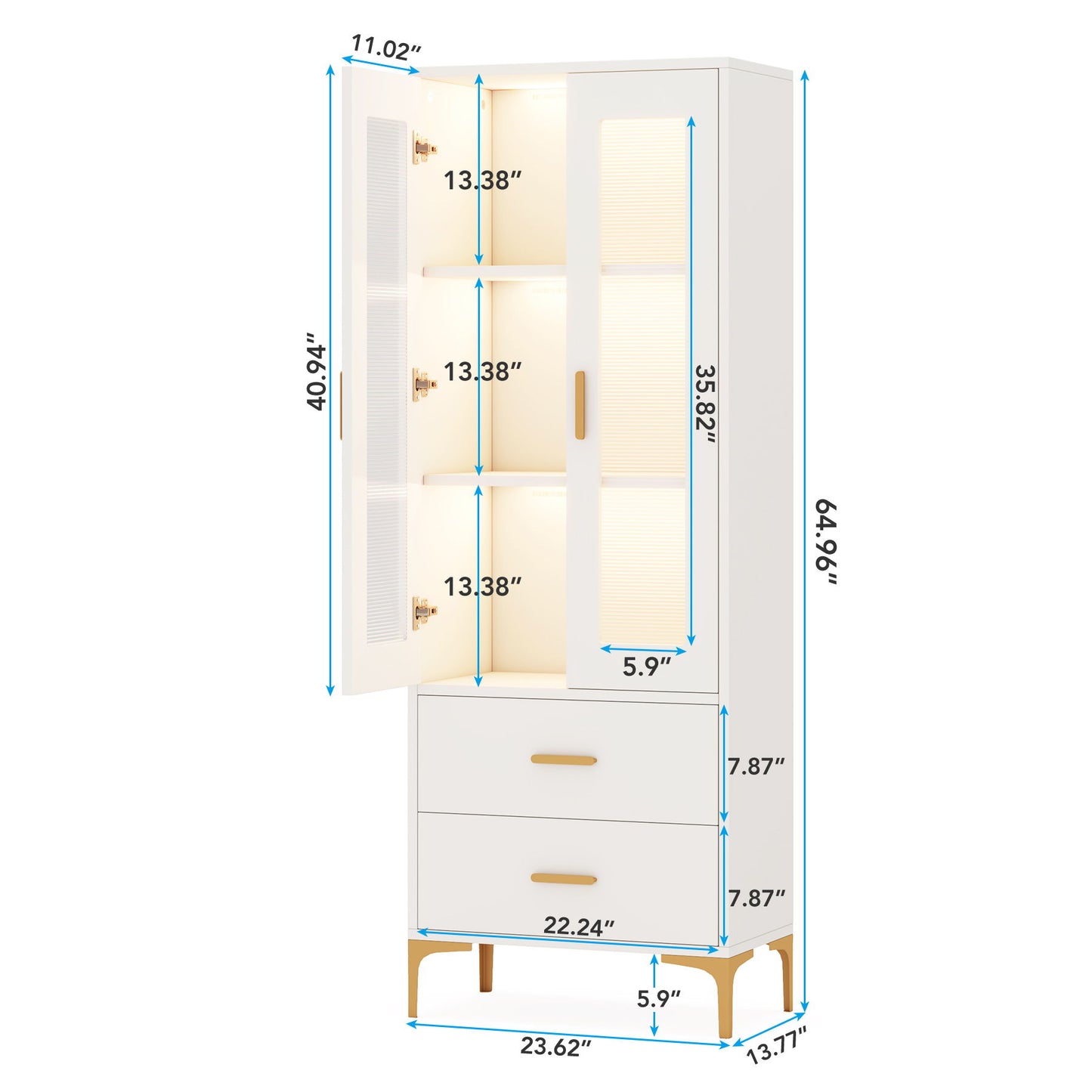 Bookcase With Doors, Drawers & RGB LED Light Tall Storage Cabinet For Living Room - White