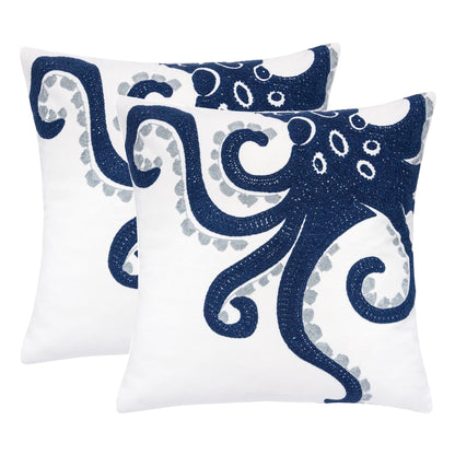 Octopus Patterned Pillow Cover With Matching Back - White