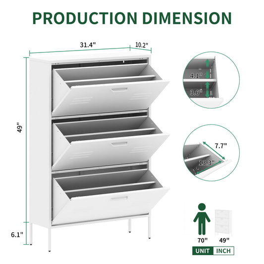 Modern Shoe Storage Cabinet With 3 Flip Drawers And Metal Frame For Entryway - Brushed Nickel
