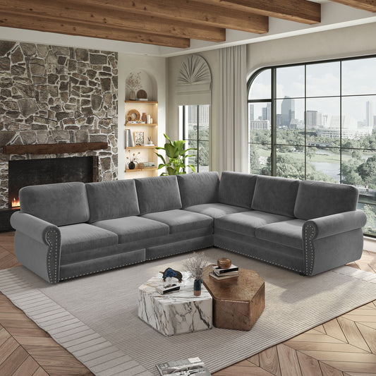 L-Shaped Sofa Couch With Pull Out Bed With Nailhead Trim & Rolled Arm, Sectional Couches, For Living Room - Light Gray