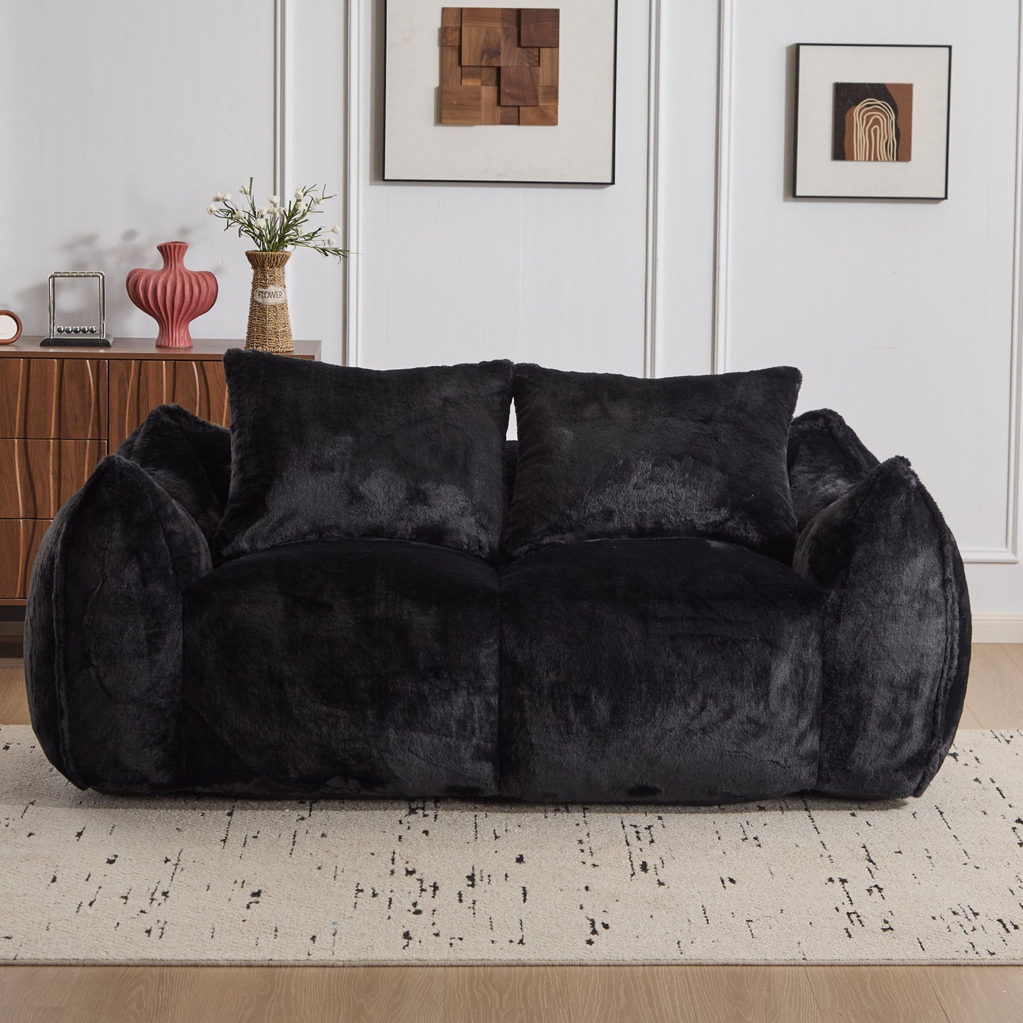 Giant Bean Bag Couch, Ultra Soft Fluffy Loveseat For Living Room Reading Chair With Pillows - Black