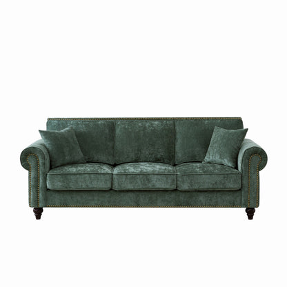 3 Seater Sofa With Tufted Upholstery, Rolled Arms, Nailhead Trim