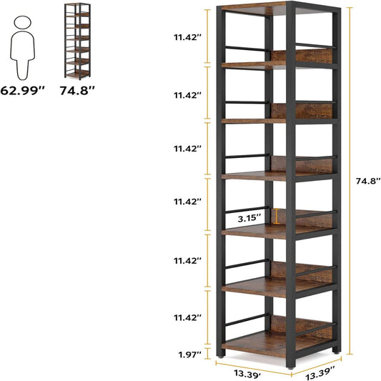 Tall 6 Tier Corner Shelf, Narrow Bookshelf Storage Rack, Square Etagere Display Stand - Rustic Brown