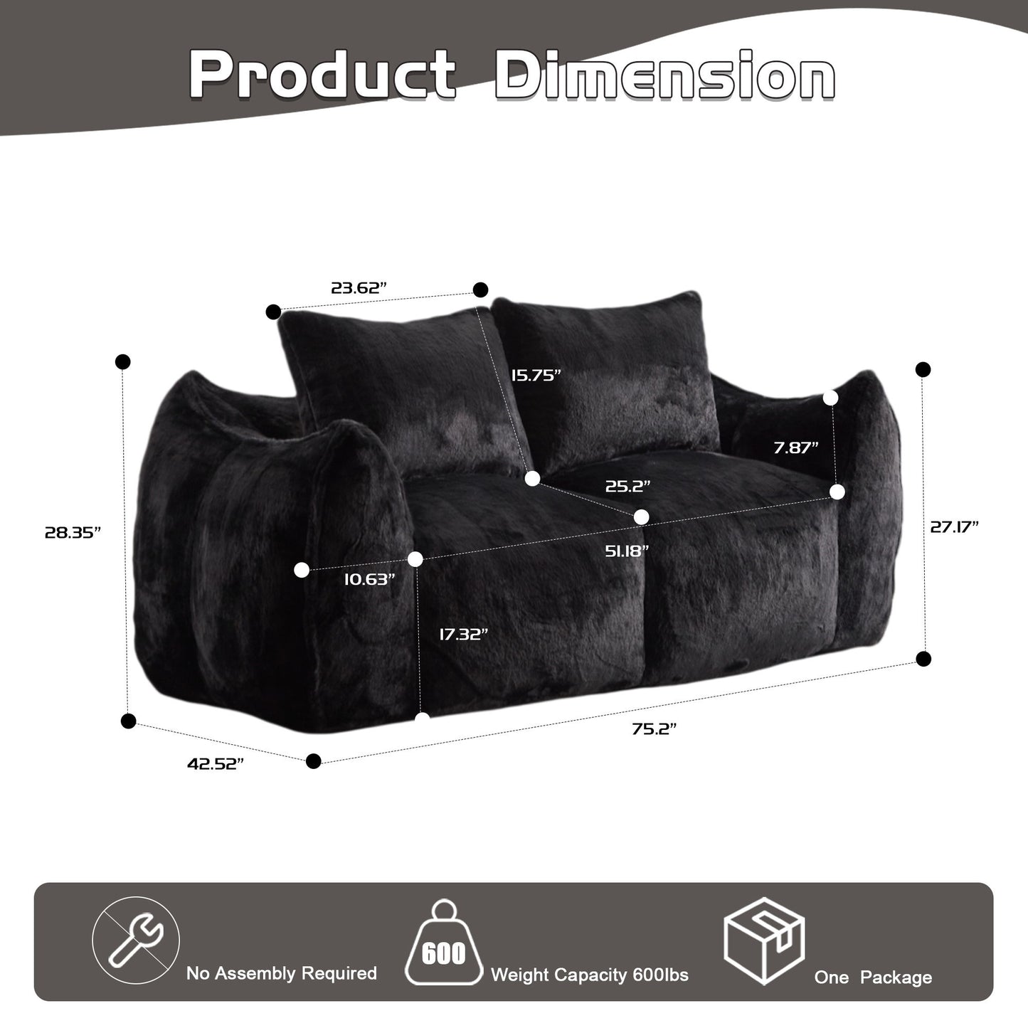 Giant Bean Bag Couch, Ultra Soft Fluffy Loveseat For Living Room Reading Chair With Pillows - Black