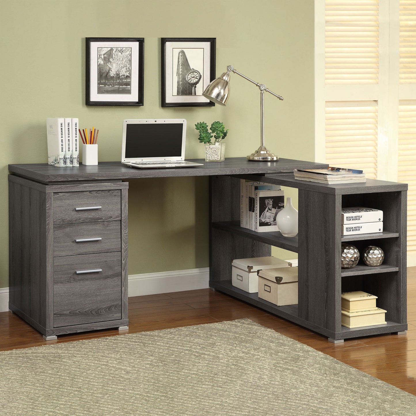 Transitional L Shape Computer Desk With Multiple Storage And Built In File Cabinet