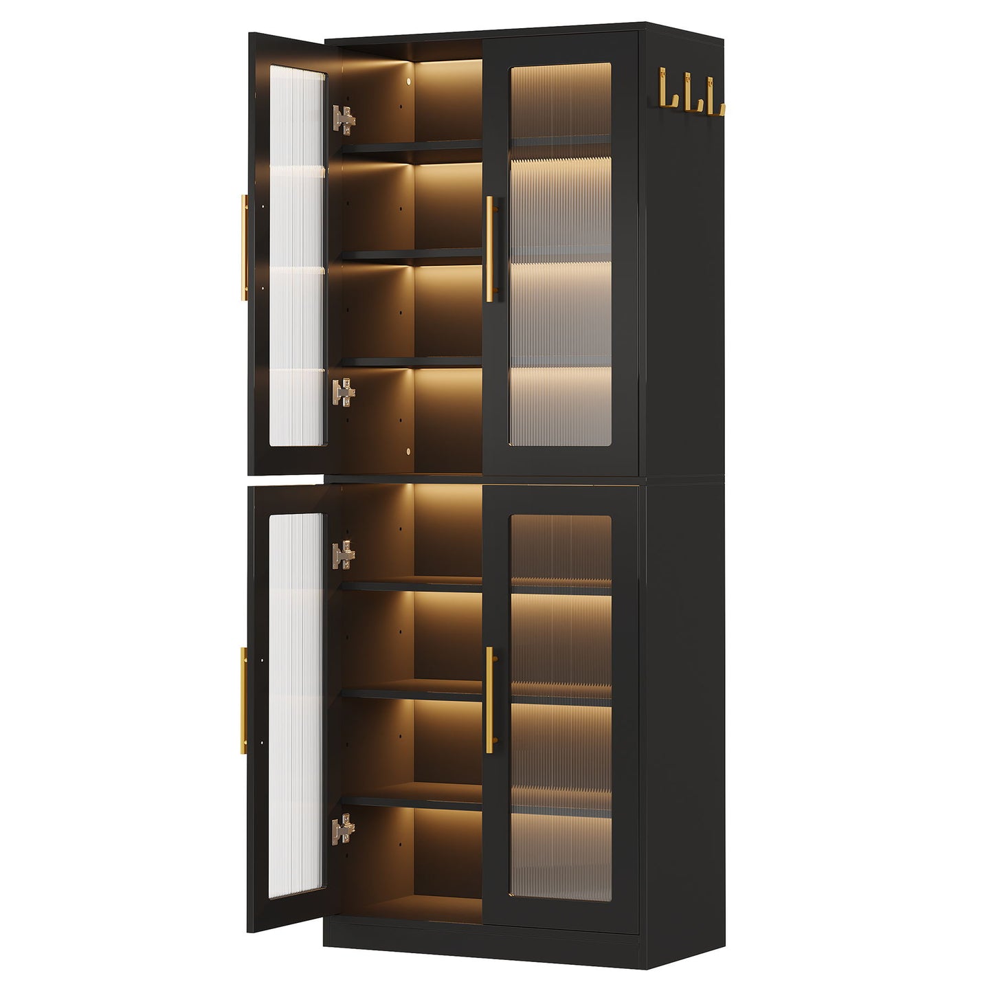 Bookcase With Doors And LED Lighting, 8 Adjustable Shelves Storage Cabinet