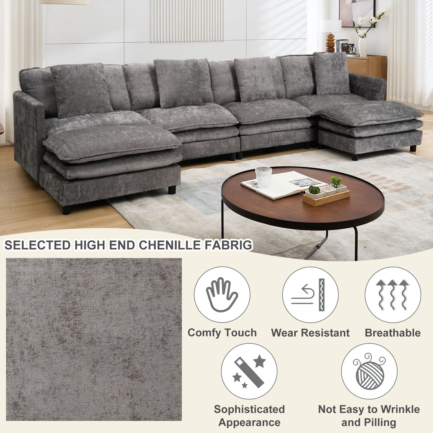 Modular U Shaped Sofa, With Adjustable Layout For Comfort And Durability - Gray