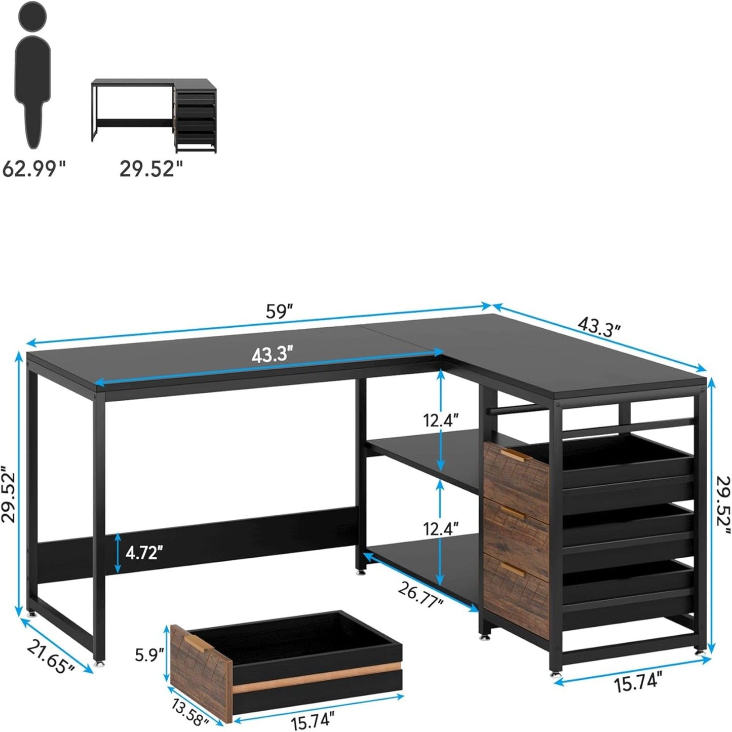 L-Shaped Computer Desk With Drawers And Shelves, Workstation For Home Office