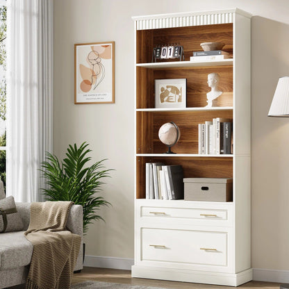 5 Tier White Bookcase With 2 Drawers Storage Organizer For Living Room - White