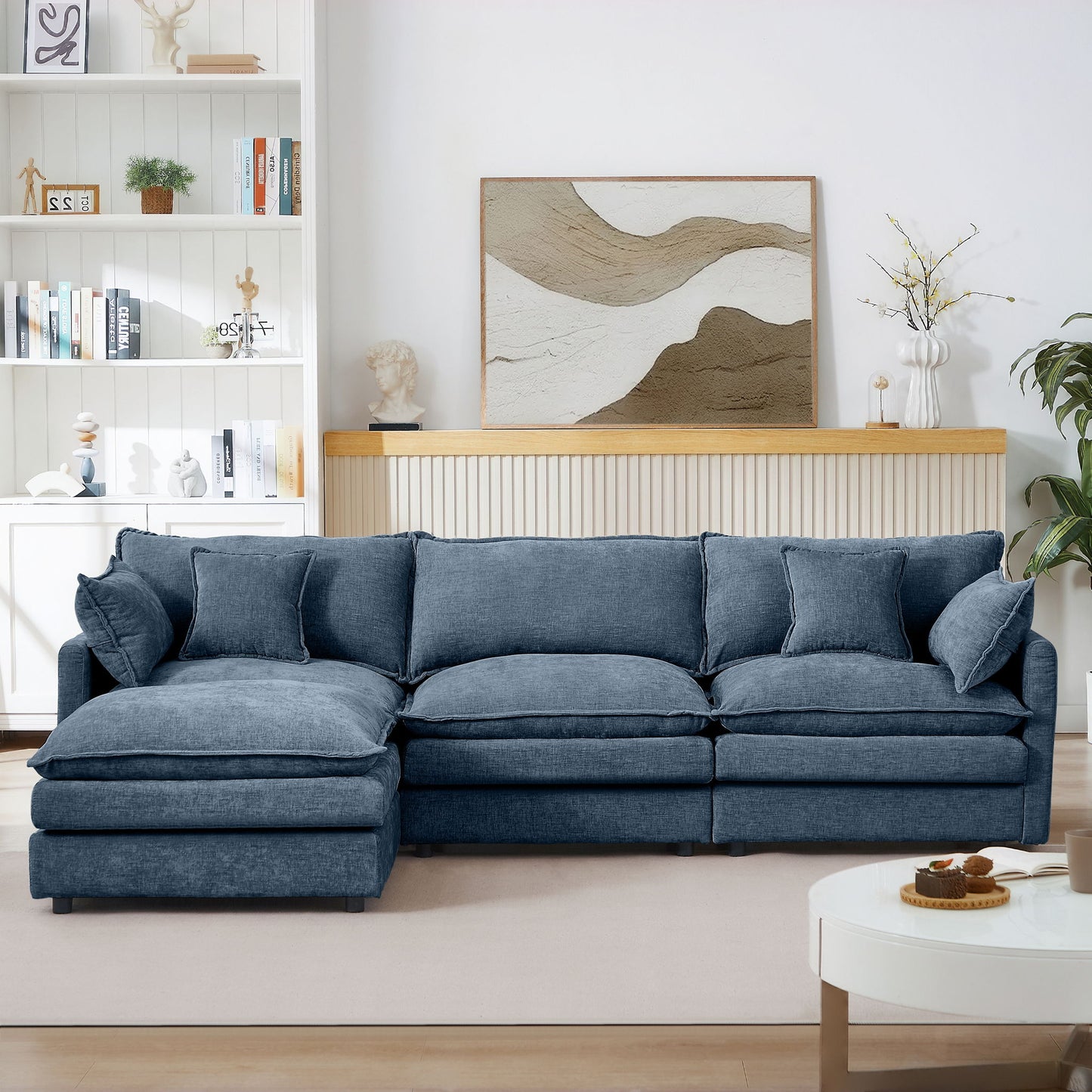 Modular Sectional Sofa L-Shaped Couch With Movable Ottoman - Blue