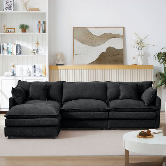 Modular L-Shaped Sectional Sofa Set With Movable Ottoman - Black