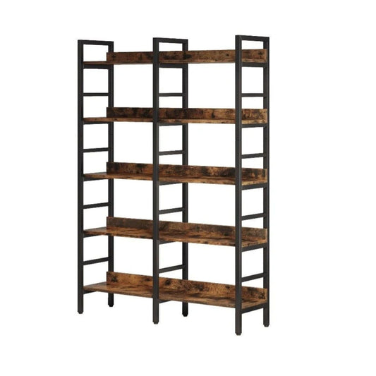 5 Tier Double Wide Bookshelf For Living Room - Rustic Brown