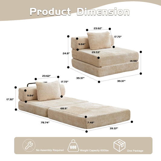 Convertible Floor Sofa Bed With Fixed Shape Frame For Living Room - Beige