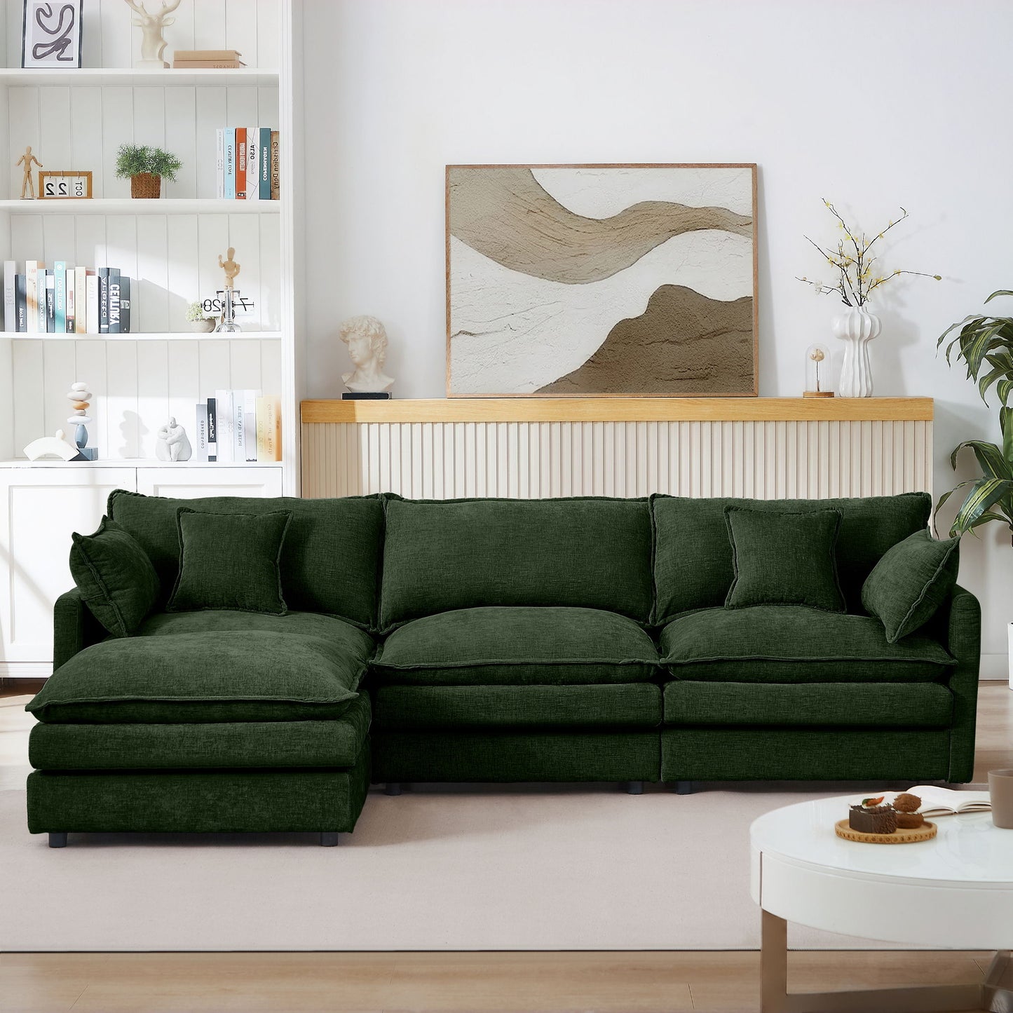 Modular Sectional Sofa 3 Seater L-Shaped Couch Set With Movable Ottoman - Green