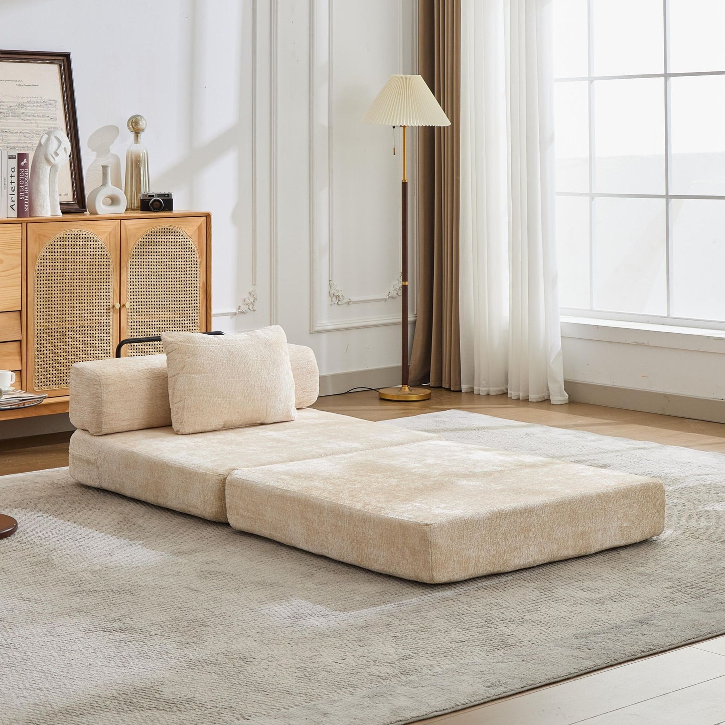 Convertible Floor Sofa Bed With Fixed Shape Frame For Living Room - Beige