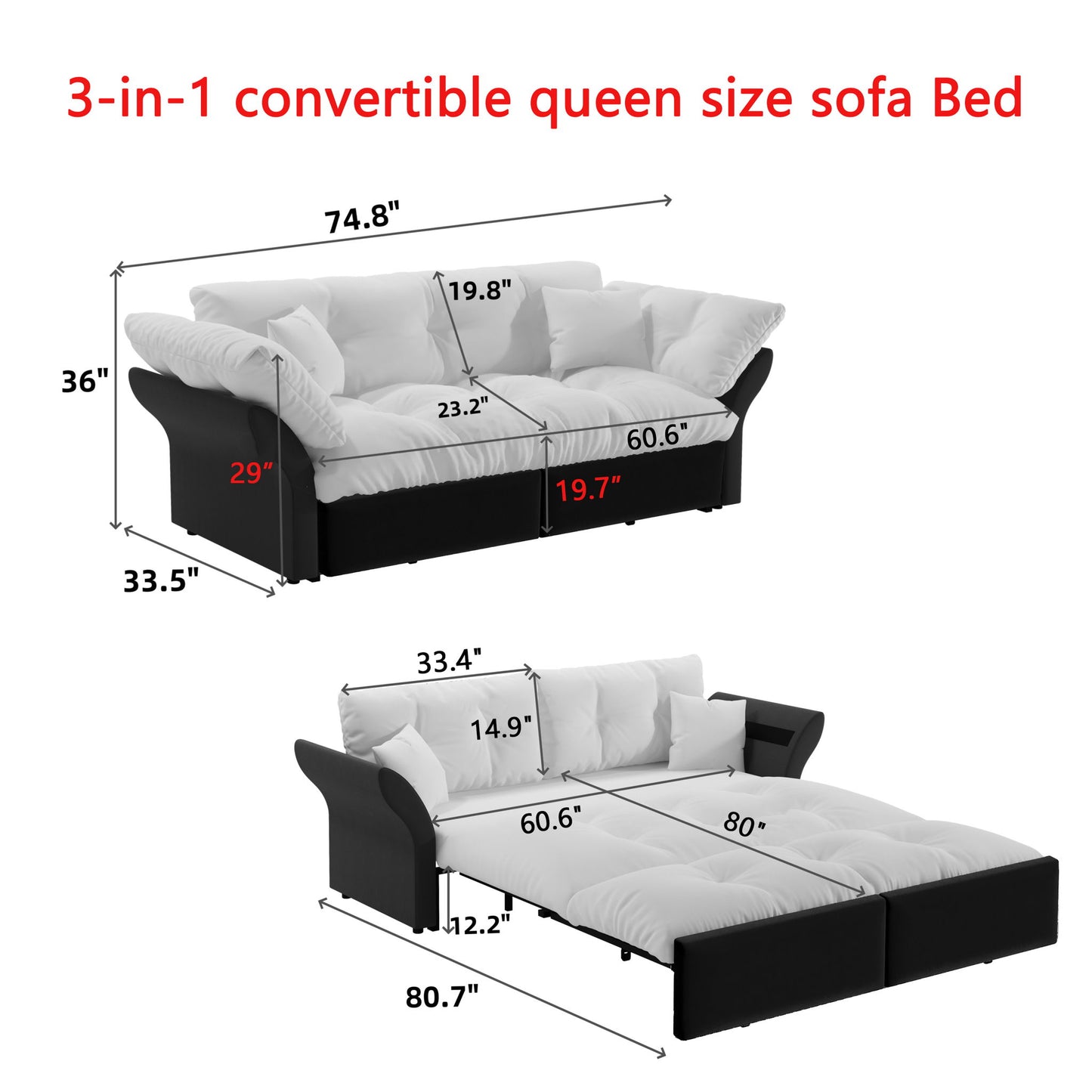 Queen Pull Out Sofa Bed, 3 In 1 Convertible Sleeper Tufted Sofa & 2 Soft Pillows - Blue