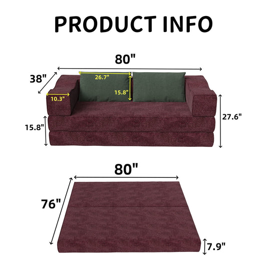 Convertible Couch Bed With 2 Pillows, 3 Seat Folding Floor Couch & King Size Bed Mattress, Diy Combination - Burgundy