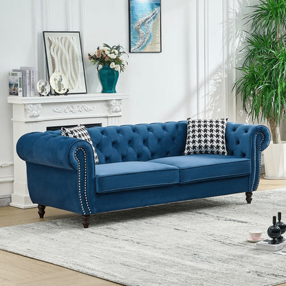 Mid Century Chesterfield Velvet Fabric Sofa With Roll Armrest & Nailhead, Blue, 87 Inches