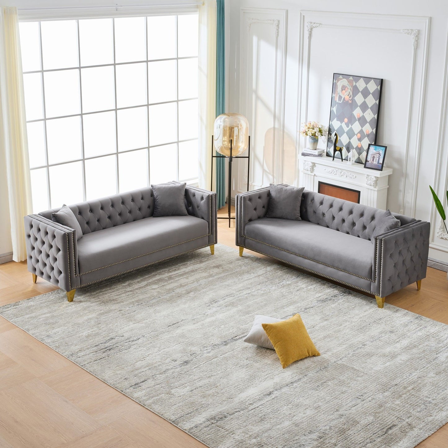 3 And 3 Seater Deep Seat Sofa With Button Nailhead And Square Arm Design - Gray