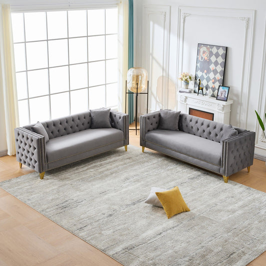 3 And 3 Seater Deep Seat Sofa With Button Nailhead And Square Arm Design - Gray
