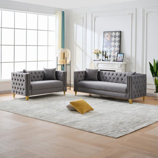 3 And 2 Seater Deep Seat Sofa With Button Nailhead, Square Arm Couches, Furniture For Living Room - Gray
