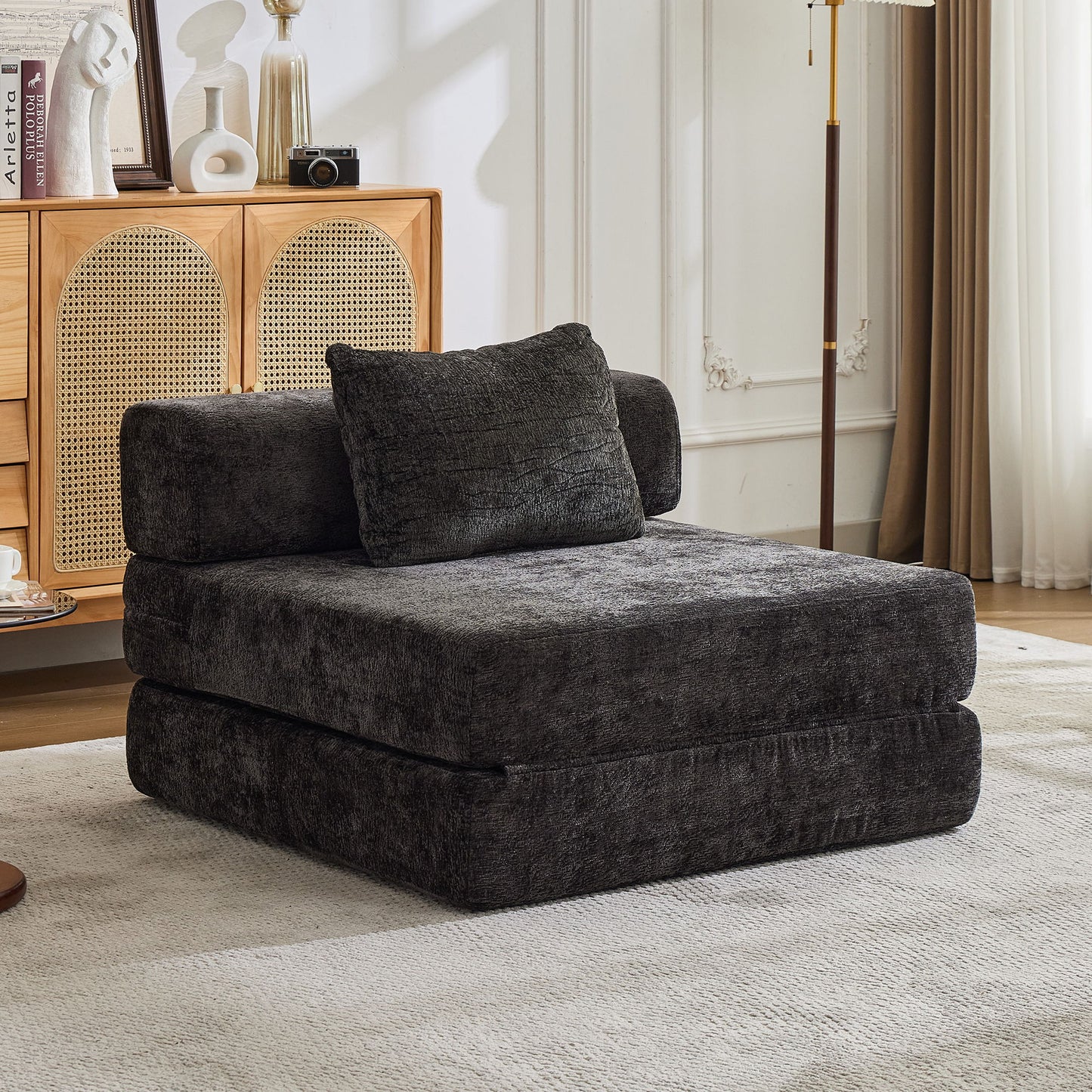 Convertible Floor Sofa Bed With Fixed Shape Frame For Living Room - Black