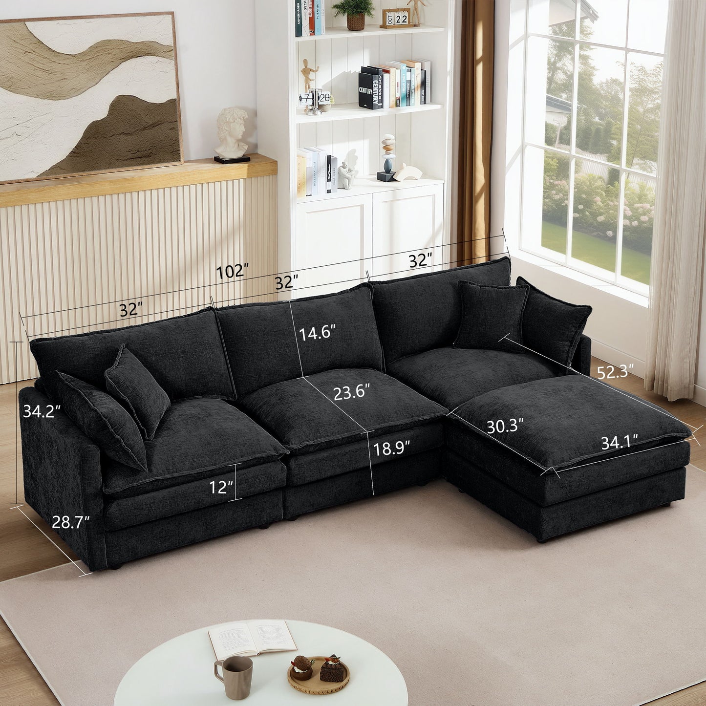 Modular L-Shaped Sectional Sofa Set With Movable Ottoman - Black