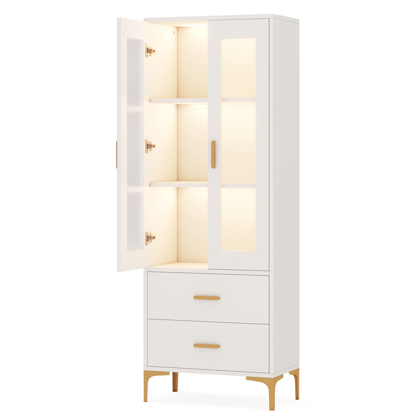 Bookcase With Doors, Drawers & RGB LED Light Tall Storage Cabinet For Living Room - White