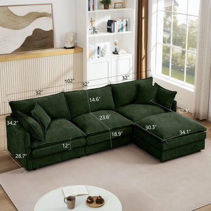 Modular Sectional Sofa 3 Seater L-Shaped Couch Set With Movable Ottoman - Green