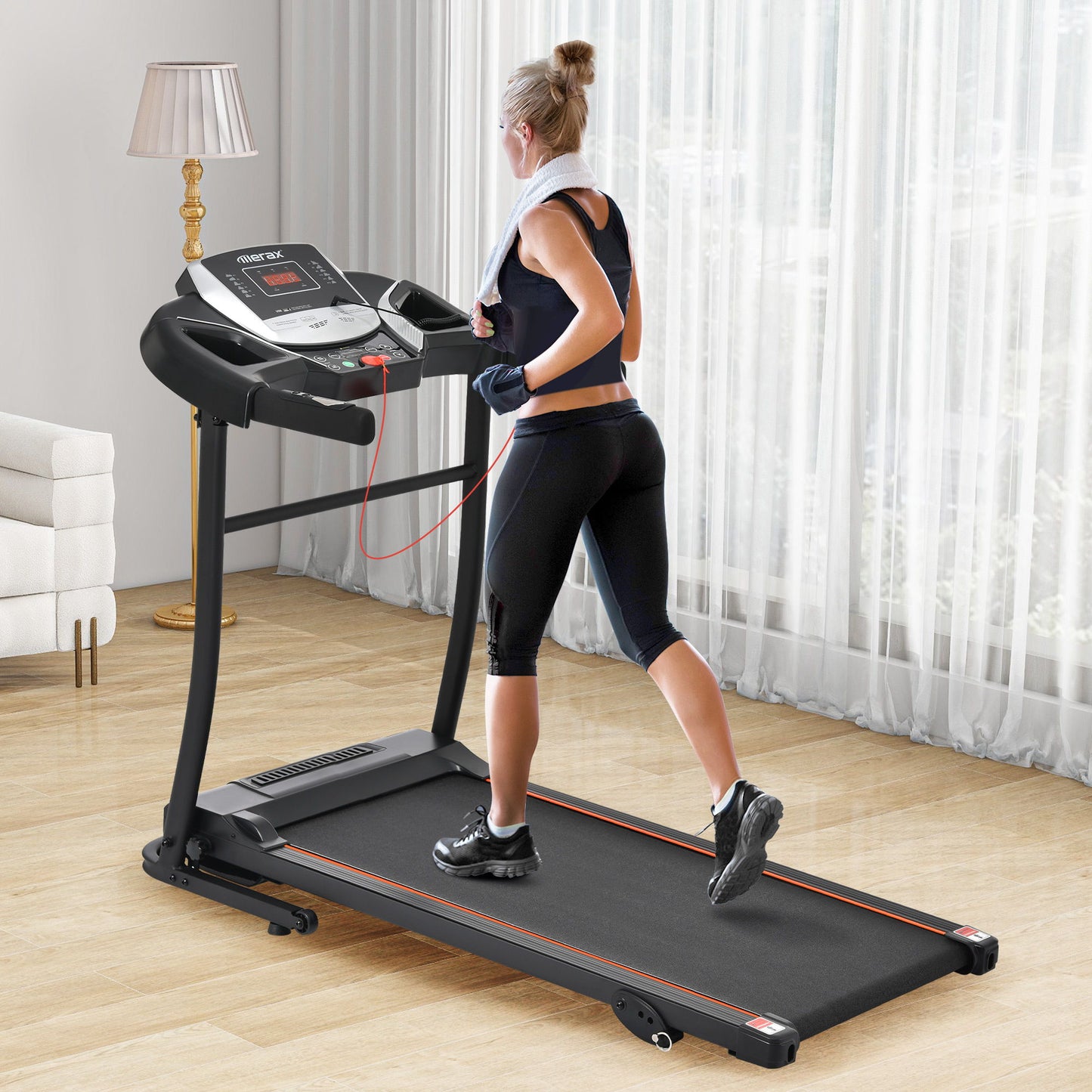 Folding Treadmill With Incline And Heart Rate Sensor, 2.5Hp Quiet Brushless With USB Charge Station, Small Space Portable Running Walking Machine - Black / Silver