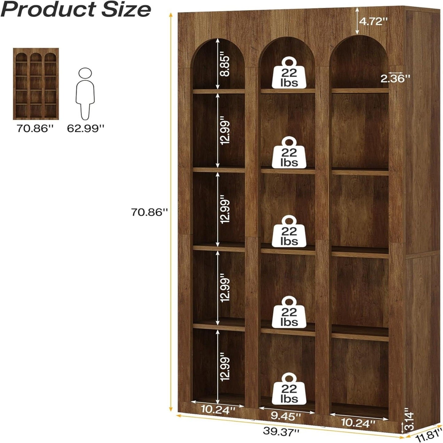 5 Tier Farmhouse Arched Bookcase For Living Room - Rustic Brown