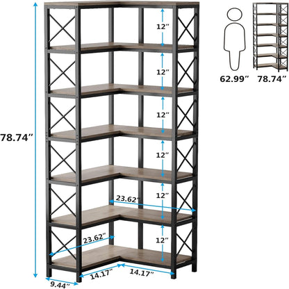 7 Tier Corner Bookshelf, Storage Unit For Living Room