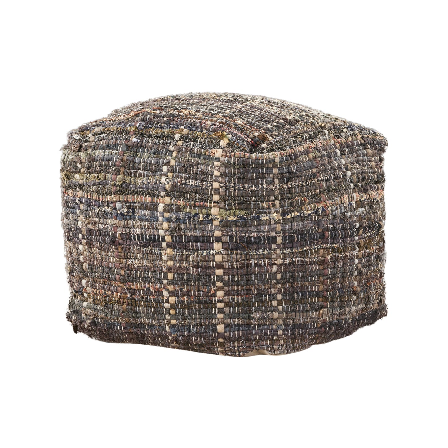Koki - Handcrafted Fabric Pouf Recycled Denim And Paper Chindi - Khaki