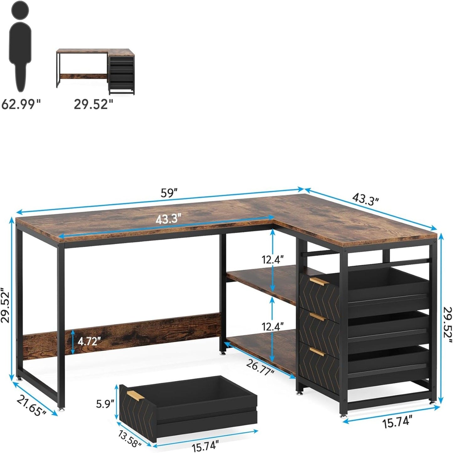 L-Shaped Computer Desk With Drawers And Shelves, Workstation For Home Office
