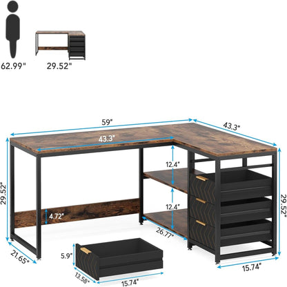 L-Shaped Computer Desk With Drawers And Shelves, Workstation For Home Office