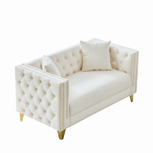 2 Seater Deep Seat Sofa, Sofa With Button Nailhead, Square Arm Couches, Furniture For Living Room - Beige