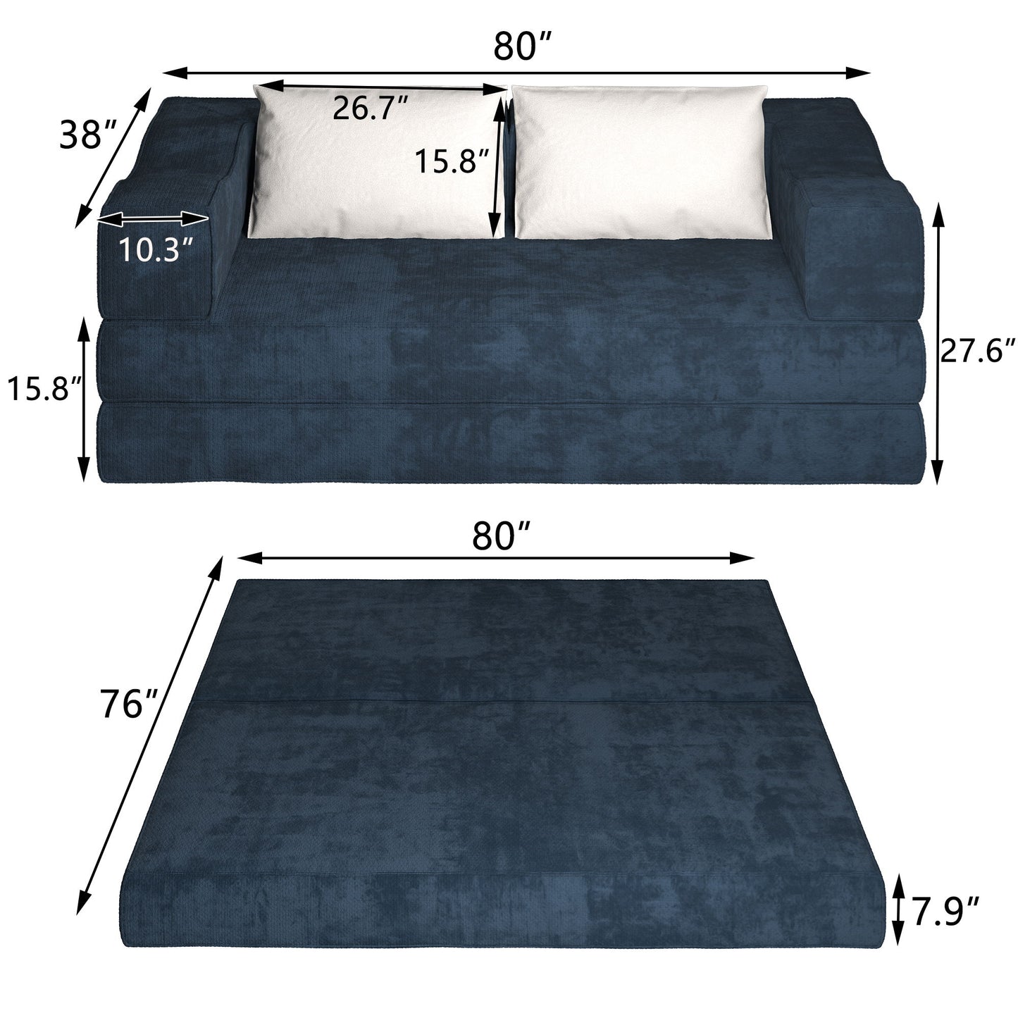 Convertible Couch Bed With 2 Pillows, 3 Seat Folding Floor Couch & King Size Bed Mattress, Diy Combination - Blue