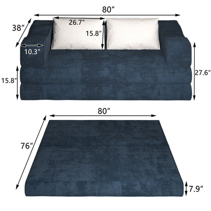 Convertible Couch Bed With 2 Pillows, 3 Seat Folding Floor Couch & King Size Bed Mattress, Diy Combination - Blue