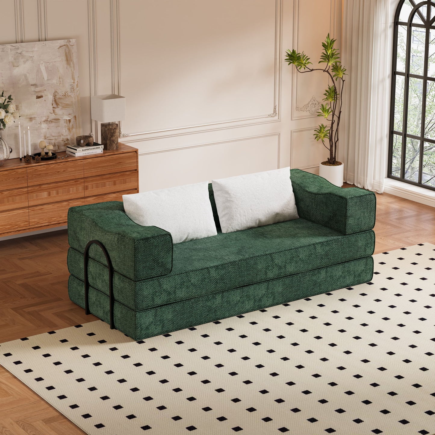 Convertible Couch Bed With 2 Pillows, 3 Seat Folding Floor Couch & King Size Bed Mattress, Diy Combination - Green