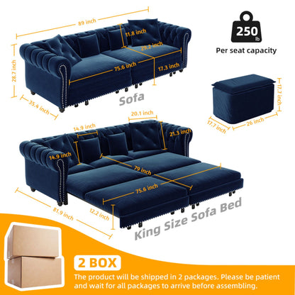 3 In 1 Pull Out Sofa Bed, Convertible Sleeper Sofa Bed, 3 Seater Sofa With Movable Ottoman - Blue