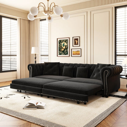 3 In 1 Pull Out Sofa Bed, Convertible Sleeper Sofa Bed, 3 Seater Sofa With Movable Ottoman - Black