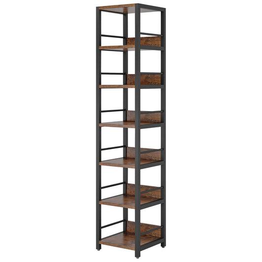 Tall 6 Tier Corner Shelf, Narrow Bookshelf Storage Rack, Square Etagere Display Stand - Rustic Brown