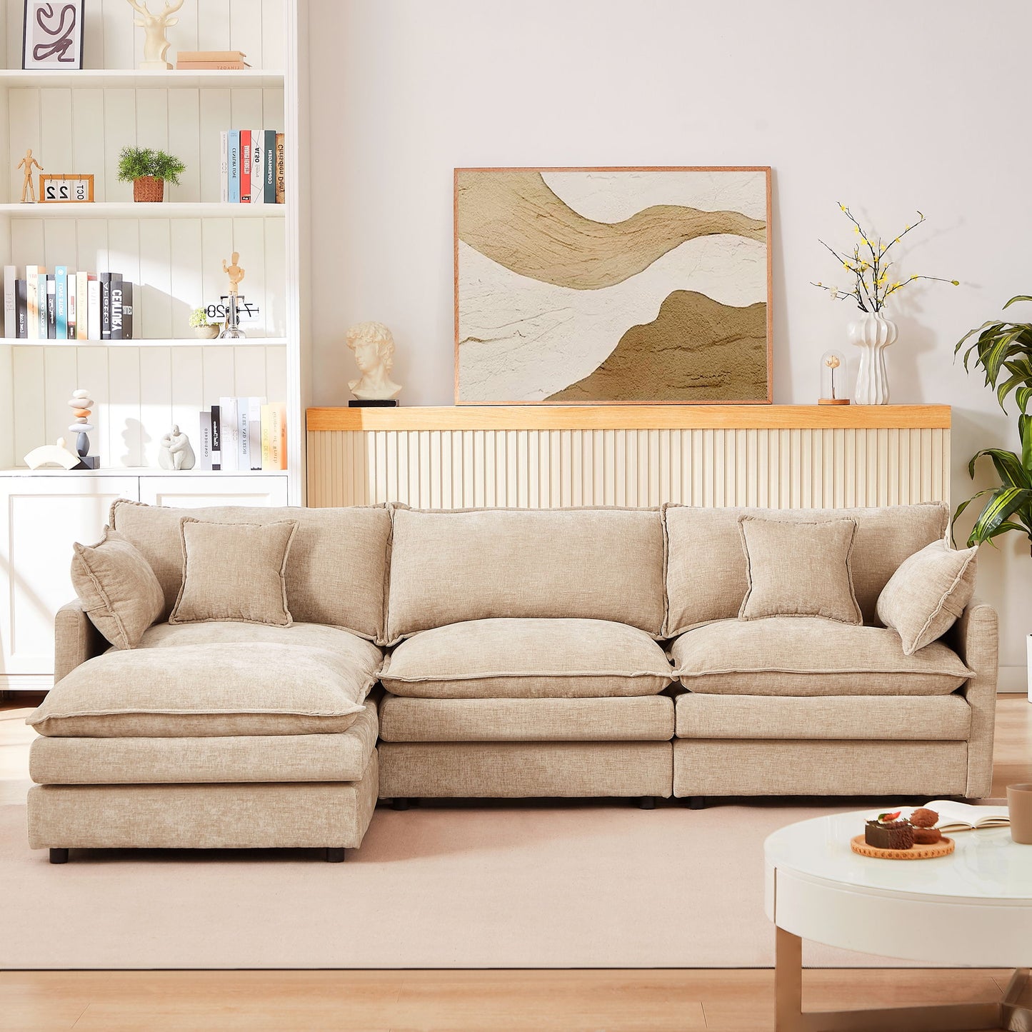 Modular L-Shaped Sectional Sofa With Movable Ottoman - Coffee