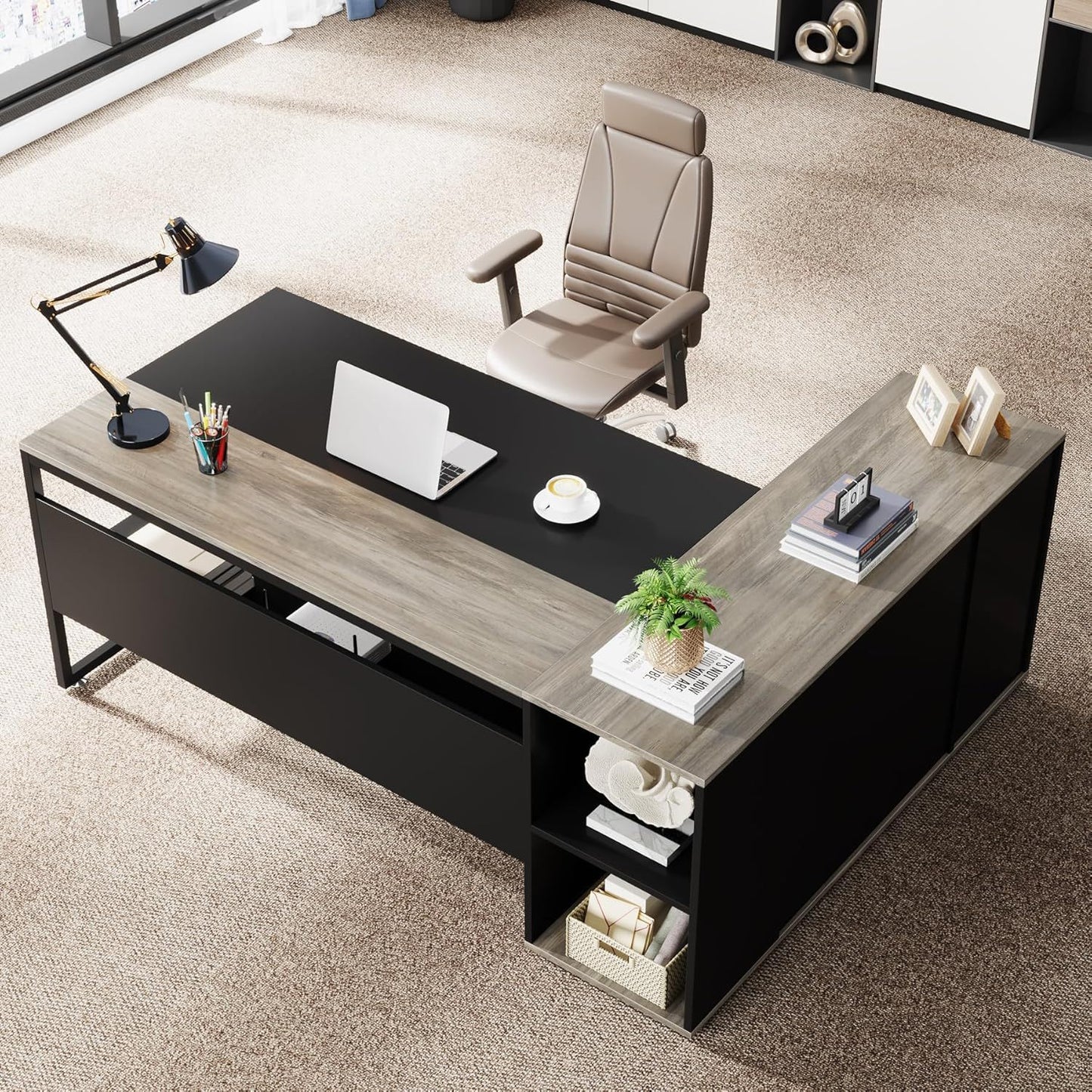 L-Shaped Executive Desk With Cabinet Storage