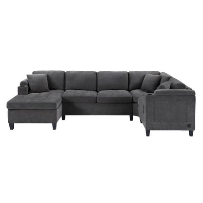 U Shaped Sectional Sofa, Corner Living Room Couch With Built In Cup Holders, Storage, USB Ports