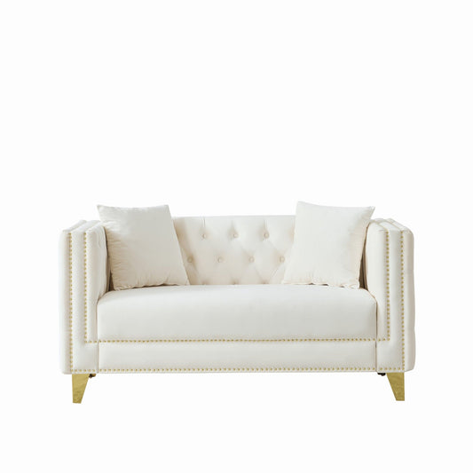 2 Seater Deep Seat Sofa, Sofa With Button Nailhead, Square Arm Couches, Furniture For Living Room - Beige