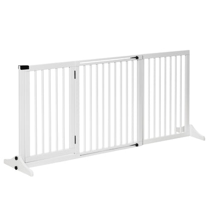 PawHut Adjustable Wooden Pet Gate, Freestanding Dog Fence for Doorway, Hall, 3 Panels w/ Safety Barrier, Lockable Door, White, 44.5'-65.25' L x 14.25' H
