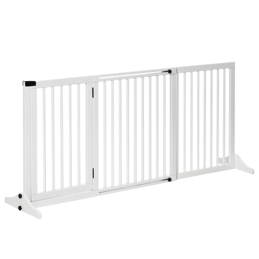 PawHut Adjustable Wooden Pet Gate, Freestanding Dog Fence for Doorway, Hall, 3 Panels w/ Safety Barrier, Lockable Door, White, 44.5'-65.25' L x 14.25' H